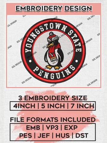 NCAA Youngstown State Penguins Round Logo Embroidery, NCAA Youngstown State Penguins Embroidery Design files, NCAA Teams, NCAA Machine embroidery designs, Digital Download