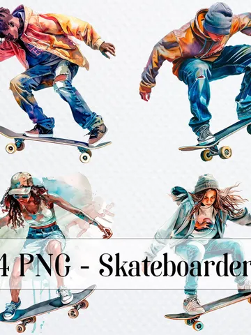 14 Skateboarder Clipart, Skateboarding Urban Art, Printable Watercolor Skateboard clipart for sublimation, Paper craft, junk journal $2.64