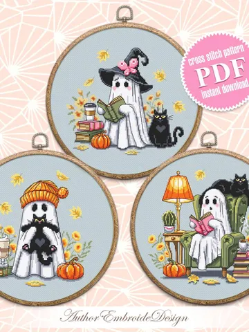 Cute ghost with black cat cross stitch pattern PDF download Set of 3 ghost cross stitch chart Halloween pattern digital PDF Fall leaves #H91 $11.60