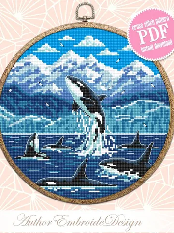 Glacier Bay National Park cross stitch pattern PDF download Killer whale cross stitch chart, Orcas in Alaska, Splashing orca whale art #L71 $4.60