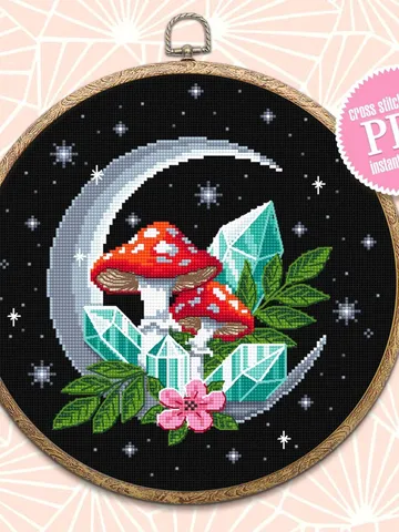 Magic mushroom moon cross stitch pattern PDF download Amanita mushroom cross stitch chart, Mystical crystal moon embroidery, Fly agaric #L53 $4.70