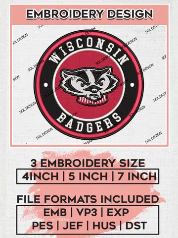 NCAA Wisconsin Badgers Round Logo Embroidery, NCAA Wisconsin Badgers Logo Embroidery files, NCAA Teams, Machine embroidery designs, Digital Download