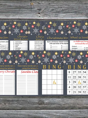 Christmas party games bundle,Printable Christmas Party Game Pack,Golden snowflakes and toys Christmas Trivia Game Cards $7.95