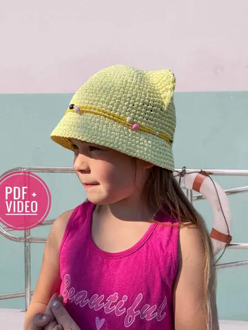 Kids bucket hat with ears crochet pattern PDF, digital instant download, video tutorial, summer hat, hat with cats ears $6.00