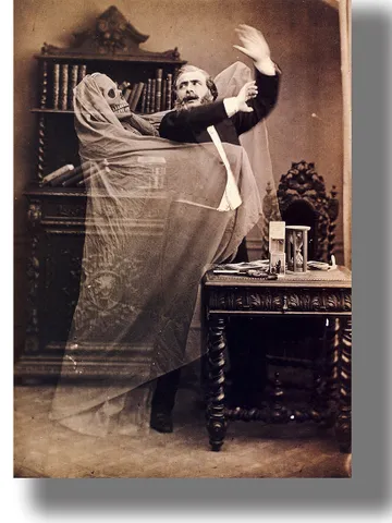 A skeleton spirit attacked a man. Vintage reproduction with a ghost. $21.00