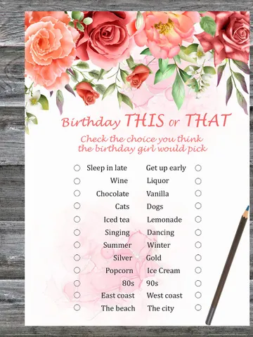 Red Rose Birthday This or that game,Adult Birthday party game-fun games for her-Instant download $1.75