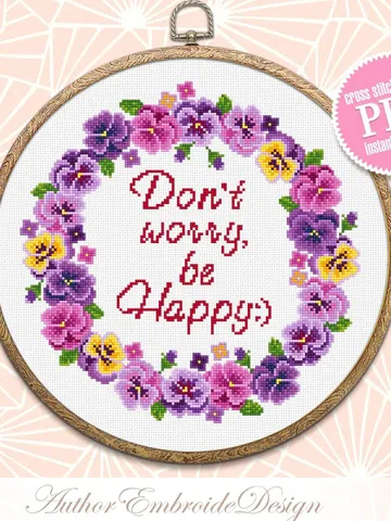 Framed quote cross stitch pattern PDF download Dont worry be happy, Flower wreath cross stitch chart, Floral frame cross stitch, Violet #Q32 $4.50