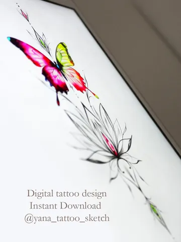 Butterfly Tattoo Design Colored Ornamental Lotus Flower And Butterfly Tattoo Idea Stencil Sketch, Instant download PDF, JPG
