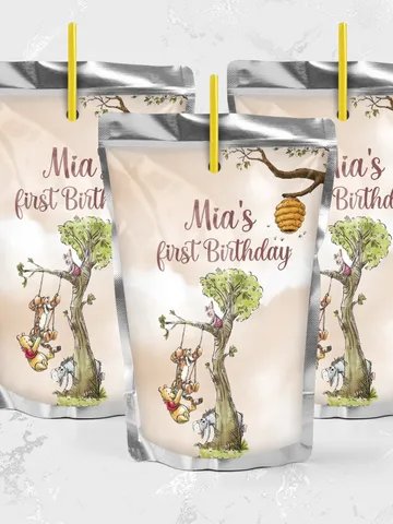 Editable Juice Label Hundred Acre Wood First Birthday party juice label; Winnie the Pooh Party; Classic Pooh Party Birthday ; wp6 $10.45