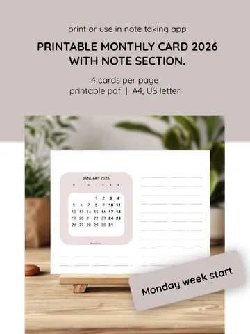 2026 Printable Monthly Calendar Set. Monthly Card with Notes. Minimalist Desk & Bookmark Planner, Wall & Digital Use. Home office desk accessory. 2026 planner card.