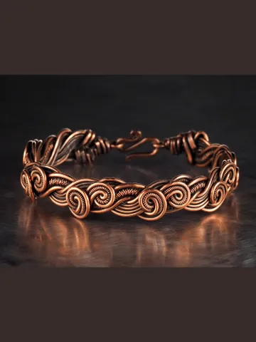 Wire wrapped bracelet, Unique 7th 22nd Anniversary gift idea, Art Nouveau antique style, One of kind braided statement bangle, EMF protection, Handmade oxidized pure copper jewelry, Pain relief $50.00