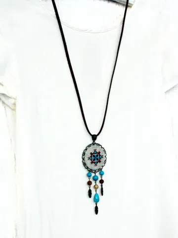 American style brown turquoise necklace suede cord Long boho southwestern pendant for women with feathers Handmade ethnic southwest jewelry