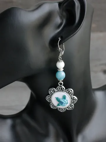Aquamarine blue earrings dangle Victorian floral earrings for bride White teal blue filigree earrings hand embroidered $40.20