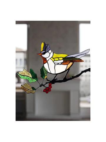 Crested Tit on a Hawthorn Branch, Tiffany Stained Glass Art, Stained Glass Crested Tit and Hawthorn, Tiffany Style, Nature-Inspired Crested Tit Stained Glass Panel, Tiffany Technique Stained Glass, Bird on Hawthorn, Crested Tit Bird with Berries, Handmade $141.00
