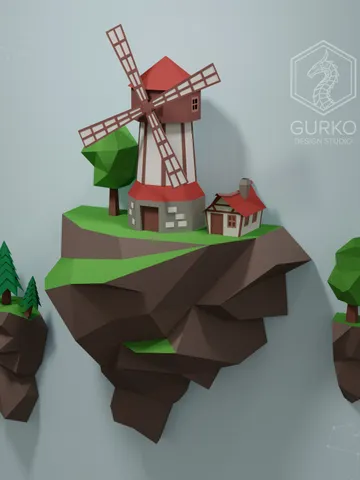Papercraft Flying Island. Mill, Digital Template, PDF Download, Gurko, 3D Low Poly, Pepakura, DIY Origami Sculpture, Paper Decor, DIY Gift $16.50