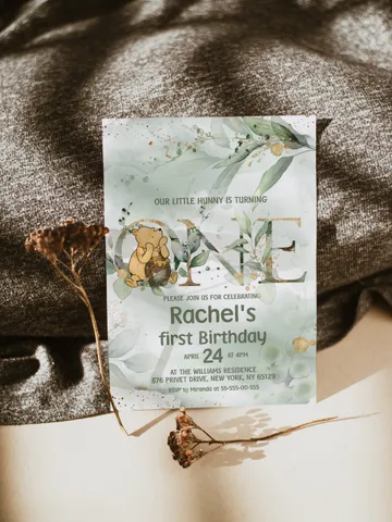 Classic Winnie Pooh Baby Birthday Invitation; Winnie Pooh Baby Birthday ; Greenery Baby Birthday; Honey Bear Birthday; Winnie Pooh wp $12.78