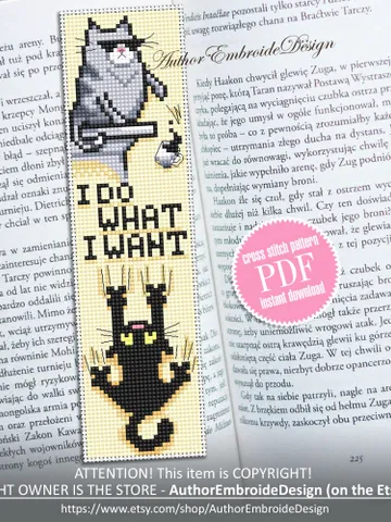 Cat bookmark cross stitch pattern download PDF Black cat cross stitch chart, Funny bookmark digital pattern PDF, Cat quotes embroidery #B322 $4.40