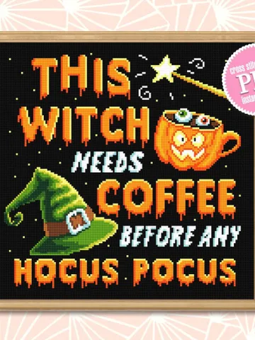 Halloween quotes cross stitch pattern download PDF Coffee cross stitch, Hocus pocus xstitch chart, Cute Halloween embroidery Witch hat #H20 $4.60