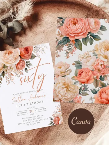 60th Birthday Invitation, Birthday Party Invitations for Women, Sixty Floral Birthday Invite for Her, Canva Editable Template, Digital File $7.00