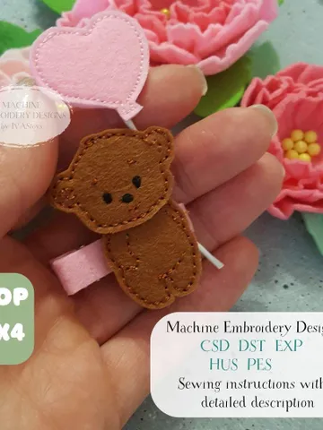 ITH Teddy Bear Heart Hair Clip Embroidery Design & Tutorial, Felt Love Bear Bow Pattern, 4x4 Hoop DIY Craft File $5.00