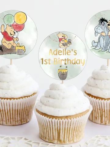 Editable Cupcake Topper Label Winnie the Pooh; Winnie the Pooh 1st Birthday; Printable Cupcake Topper; Winnie Pooh Party Decoration; WPg15 $10.45