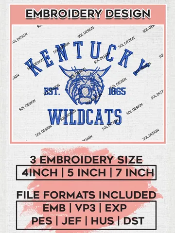 Kentucky Wildcats Est 1865 Logo Embroidery Designs, NCAA Kentucky Wildcats Team Embroidery, NCAA Team Logo, 3 sizes, Machine embroidery Files, Digital Download $6.99