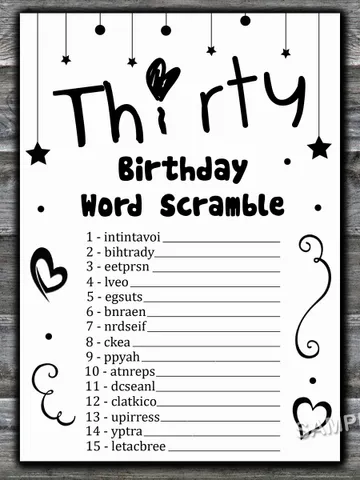 Thirty Birthday Word Scramble Game,Adult Birthday party game-fun games for her-Instant download $1.75