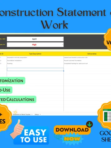 Construction Statement of Work Template, SOW Contract, Work Scope Document, Google Sheets Agreement for Contractors $6.90