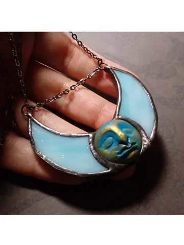 Stained glass blue moon, Moon Goddess, Moon phase necklace, Stainglass crescent, Full moon pendant, Moon face necklace $50.00