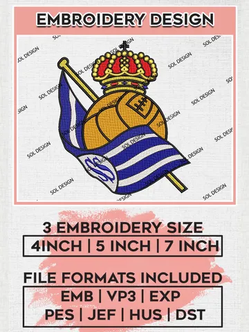 Real Sociedad Logo Embroidery Design, La Liga Embroidery files, La Liga Real Sociedad Teams, Football, Digital Download $6.99