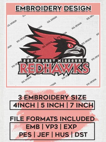 NCAA Southeast Missouri State Redhawks Team Mascot Logo Machine Embroidery Design, NCAA SEMO Redhawks Team Design Design files, NCAA Team Embroidery Designs, NCAA Machine Embroidery Designs, Digital Download