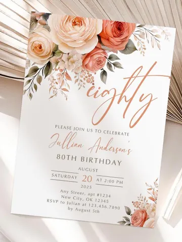 80th Birthday Invitation, Birthday Party Invitations for Women, Floral Birthday Invite for Her, Canva Editable Template, Instant Download $7.00