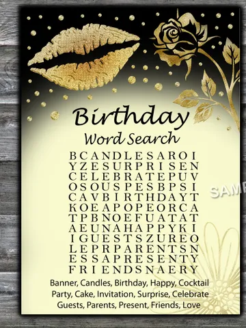 Gold Glitter Lips Birthday Word Search Game,Adult Birthday party game-fun games for her-Instant download $1.75