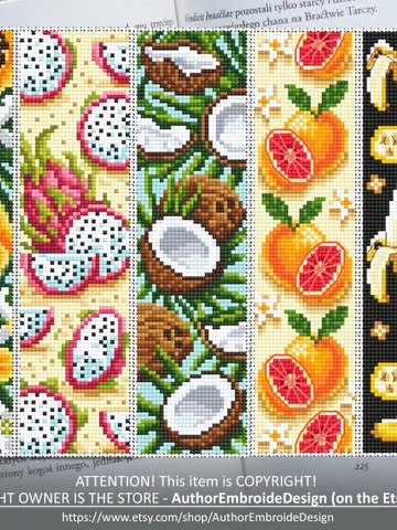 Exotic fruit bookmark set cross stitch pattern download PDF Summer fruit cross stitch chart, Modern handmade bookmark, Coconut, Banana #B157 $17.45