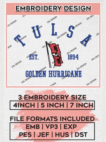 Tulsa Golden Hurricane Est 1894 Logo Embroidery Designs, NCAA Tulsa Golden Hurricane Team Embroidery, NCAA Team Logo, 3 sizes, Machine embroidery Files, Digital Download $6.99