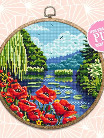 Nature landscape cross stitch pattern download PDF Flowers cross stitch poppies Modern landscape embroidery PDF Nature lover gift #L4 $4.60