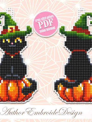 Black cat cross stitch pattern PDF download Double-sided Halloween ornament cross stitch chart for plastic canvas, Halloween tree decor #H69 $3.60