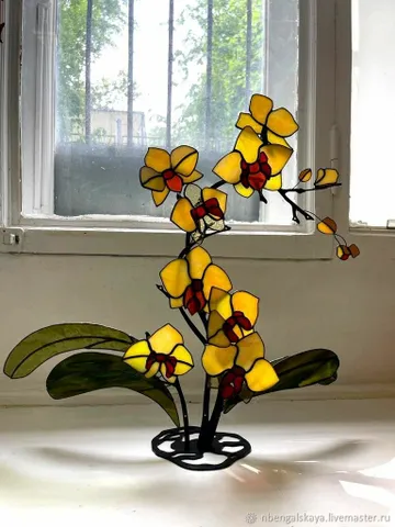 Yellow Orchids Stained Glass. Bouquet in Tiffany Technique, Yellow Orchids. Bouquet in Tiffany Stained Glass Technique, Stained Glass Yellow Orchids, Bouquet in Tiffany Stained Glass Technique $462.00