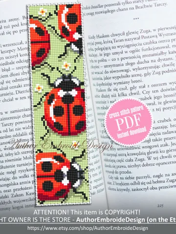 Ladybug bookmark cross stitch pattern PDF download Red bug cross stitch chart, Cute bookmark pattern digital PDF, Ladybug ornament #B280 $4.40