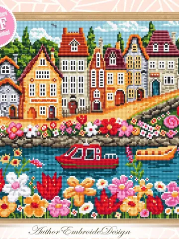Summer houses cross stitch pattern PDF download Nature landscape cross stitch chart, Flower village pattern digital PDF, Home decor #E17 $4.90