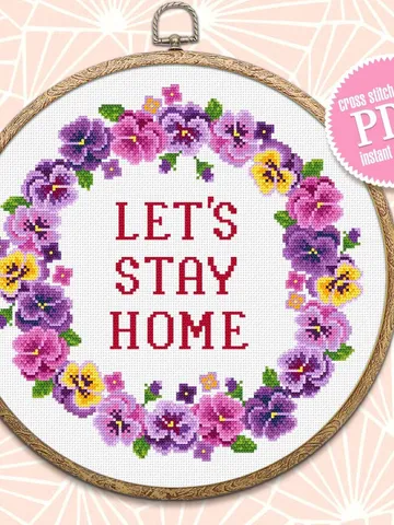 Flower wreath cross stitch pattern Lets Stay Home download PDF, Framed quote cross stitch chart, Floral border cross stitch, Home decor #Q6 $4.40