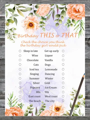 Pastel Flowers Birthday This or that game,Adult Birthday party game-fun games for her-Instant download $1.75