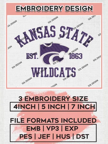 Kansas State Wildcats Est 1863 Logo Embroidery Designs, NCAA Kansas State Wildcats Team Embroidery, NCAA Team Logo, 3 sizes, Machine embroidery Files, Digital Download $6.99