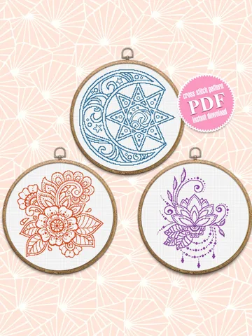Mandala set cross stitch pattern download PDF, Crescent moon cross stitch, Flower mandala digital PDF, Monochrome floral cross stitch #S2 $12.00