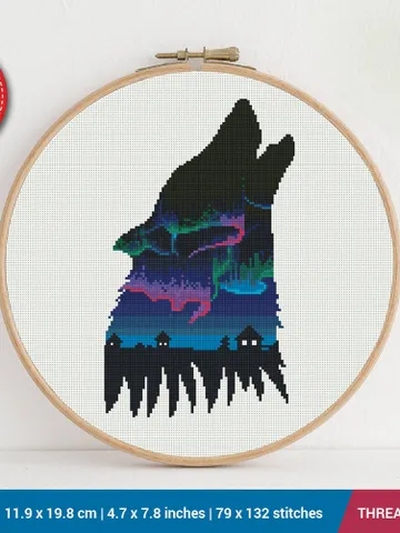 Wolf Silhouette Northern Lights Cross stitch pattern | Embroidery Pattern | Instant Download | Embroidery Designs $5.94