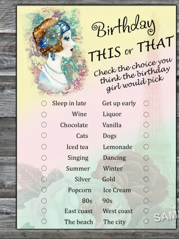 Vintage themed Birthday This or that game,Adult Birthday party game-fun games for her-Instant download $1.75
