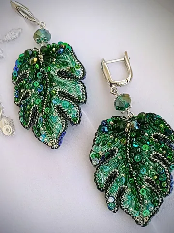 Handmade beaded emerald monstera leaf earrings, monstera jewelry, plant earrings, leaves earrings, monstera gift $63.00