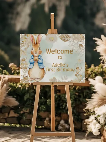 Editable and Printable Welcome Board Banner for 1st Baby Birthday party in Peter Rabbit style instant download and unlimited access pr888 $11.62