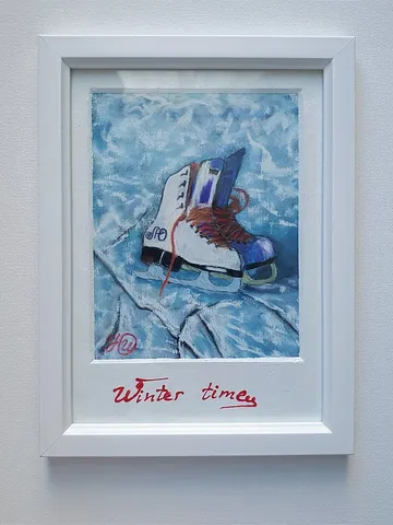 Ice Skates Painting Christmas Original Art Winter Wall Art Frame Painting $50.00