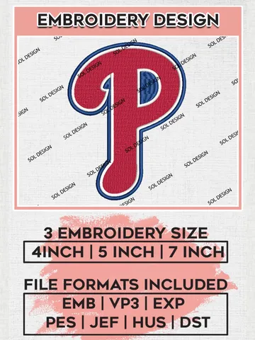 Philadelphia Phillies Machine Embroidery Design Files, MLB Philadelphia Phillies Team Embroidery, MLB Teams, 3 sizes, MLB Machine embroidery designs, Digital Download $6.99